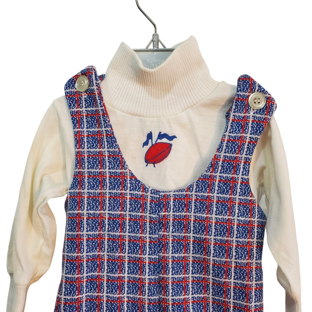 Healthtex Vintage 70s Boys Plaid Romper & Football Applique Turtleneck Top 6-12M